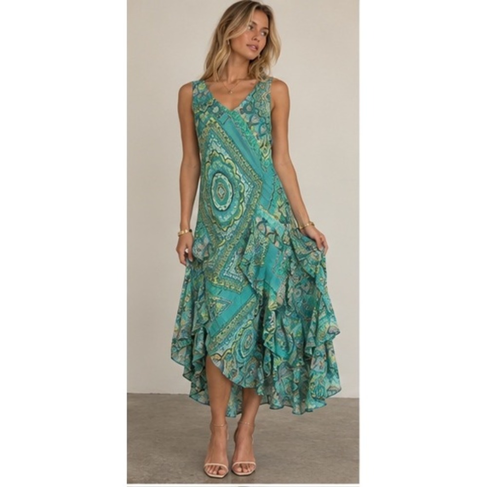 Y2K Fairy Boho Teal Green Paisley Ruffle High Low Midi Dress Women Size 4